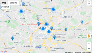 A map of Leeds displaying Changing Places locations with blue pins.