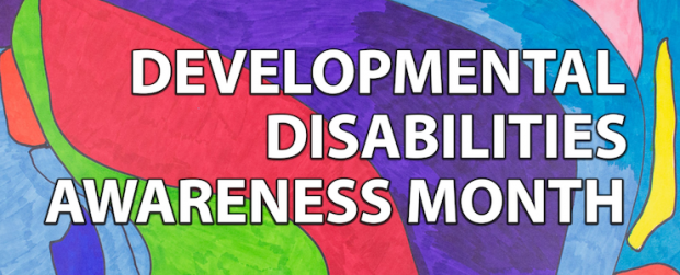 'Developmental Disabilities Awareness Month' is written in white text on a multicoloured background. This is the official artwork by Eileen Schofield.