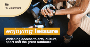 Graphic showing person with prosthetic leg, with weights on the floor. In this graphic is the HM Government logo and the following text: enjoying leisure - widening access to arts, culture, sport and the great outdoors