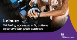 Graphic showing person with prosthetic leg, with weights on the floor. In this graphic is the HM Government logo and the following text: enjoying leisure - widening access to arts, culture, sport and the great outdoors