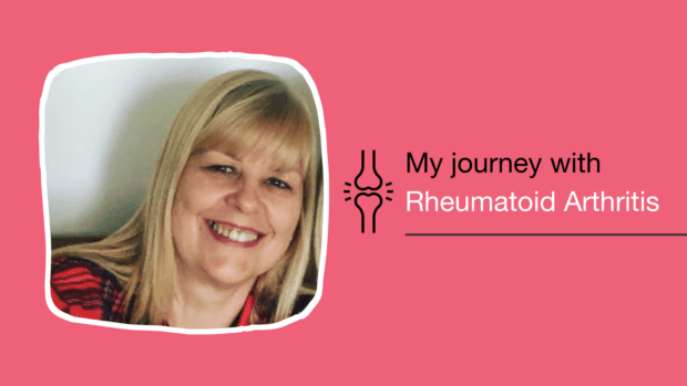 Graphic with Jacqui reading My journey with Rheumatoid Arthritis